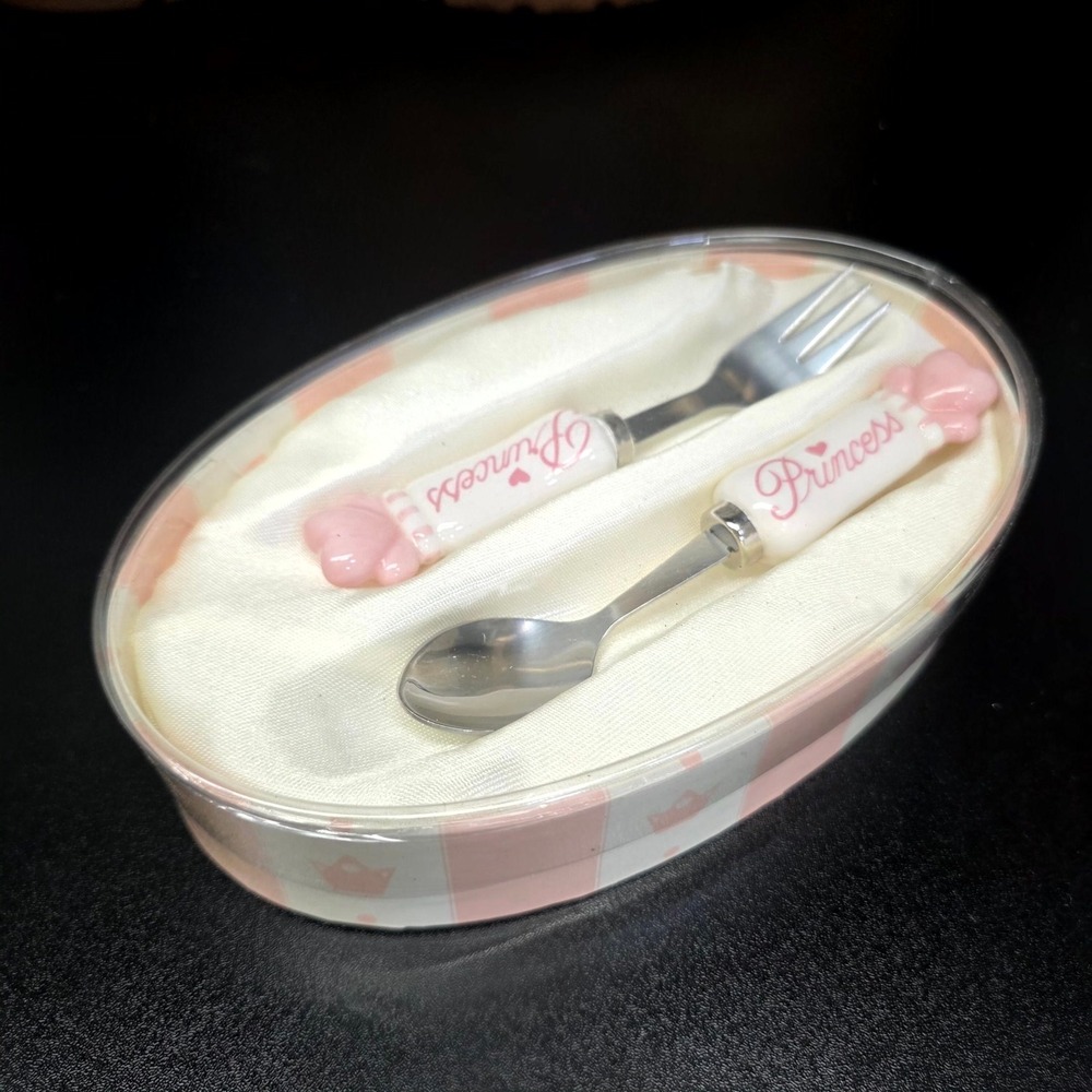 Mud Pie Princess Fork and Spoon Set Pink White Ceramic Handle Gift Box Kids